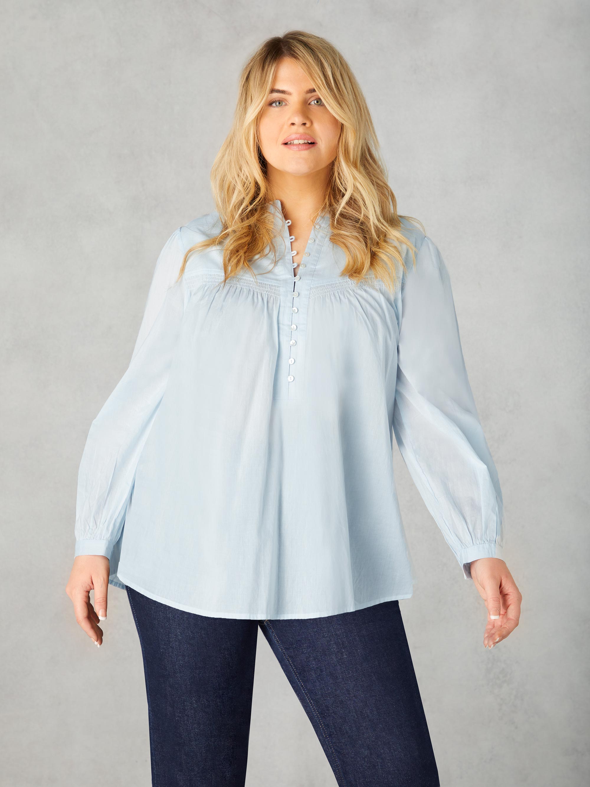 Blue Cotton Button Front Relaxed Blouse