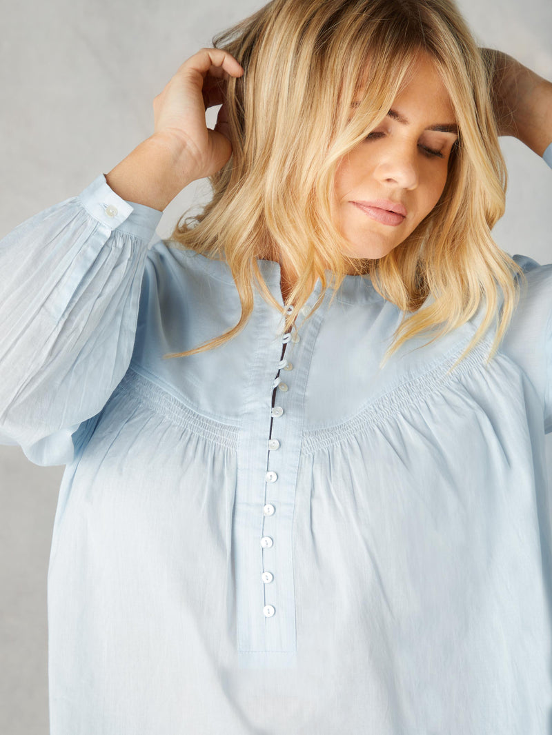 Blue Cotton Button Front Relaxed Blouse