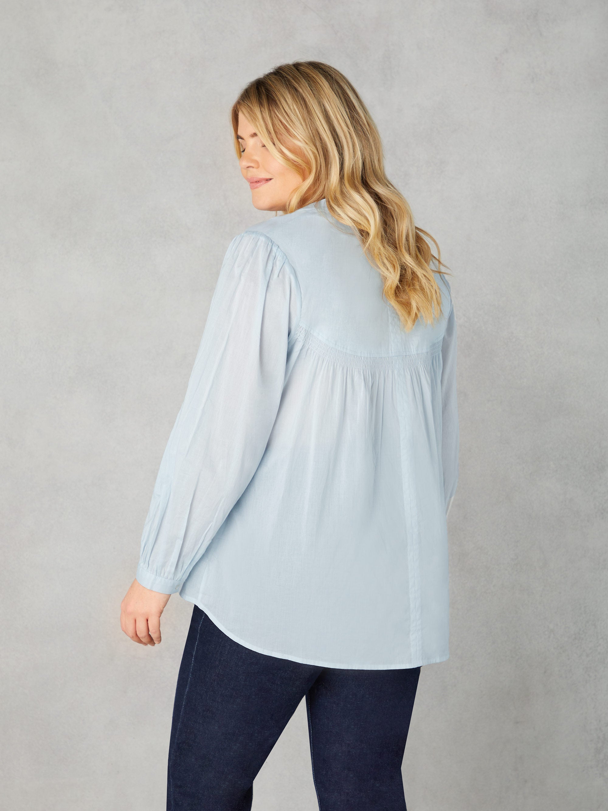 Blue Cotton Button Front Relaxed Blouse