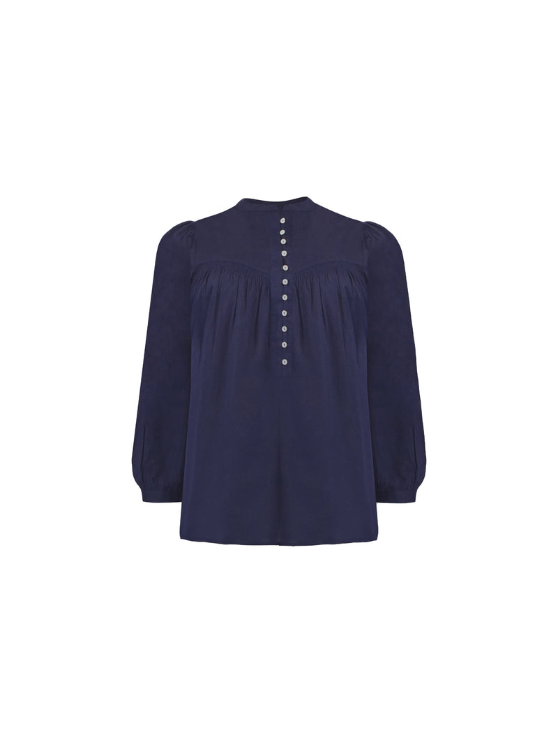 Navy Cotton Button Front Relaxed Blouse