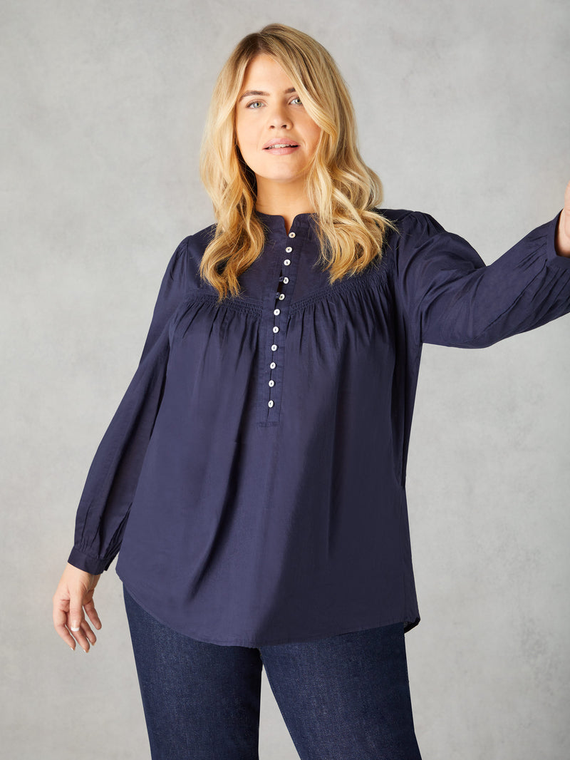 Navy Cotton Button Front Relaxed Blouse