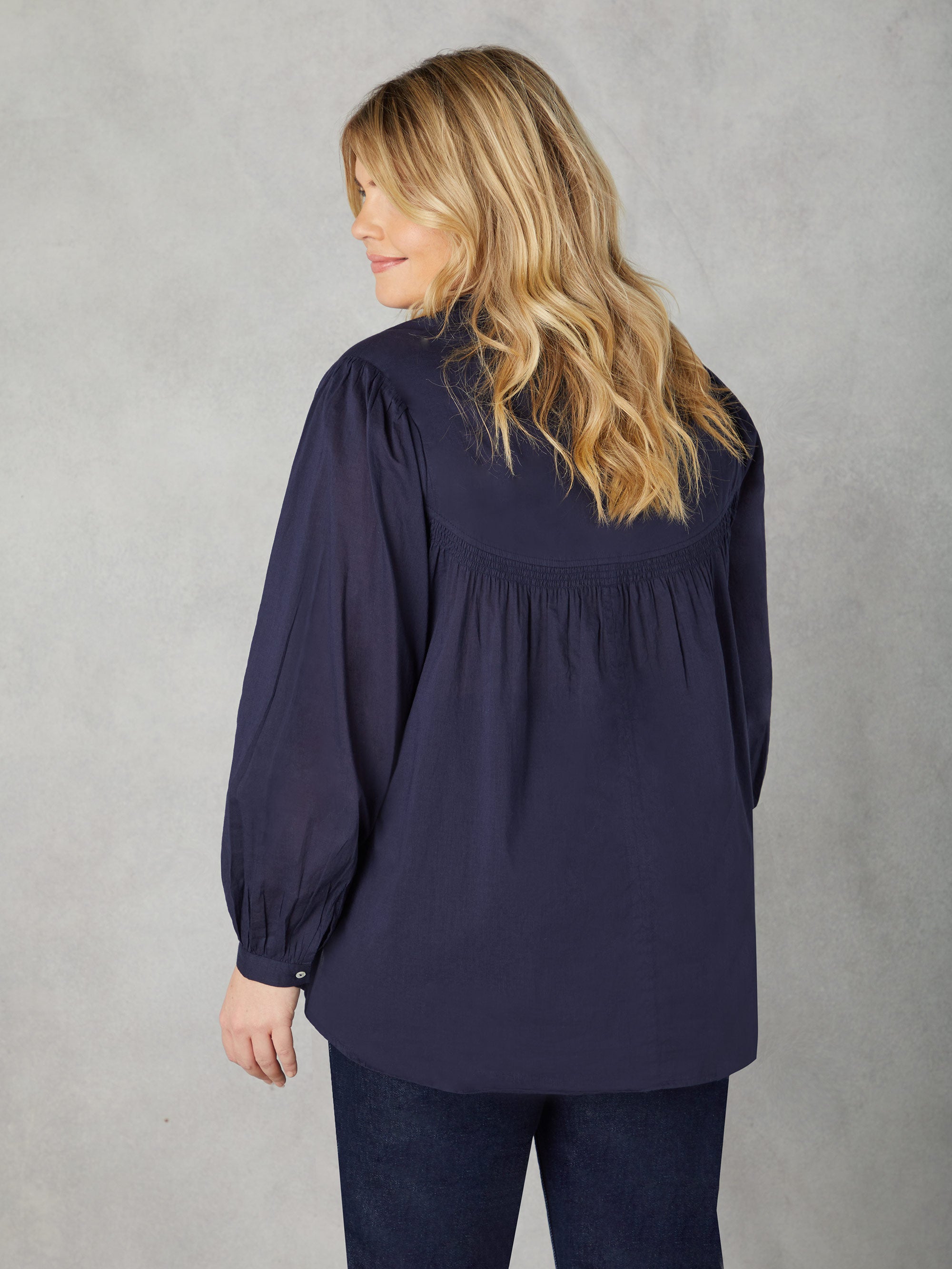 Navy Cotton Button Front Relaxed Blouse