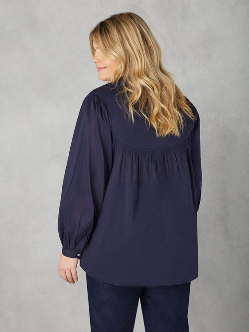 Navy Cotton Button Front Relaxed Blouse