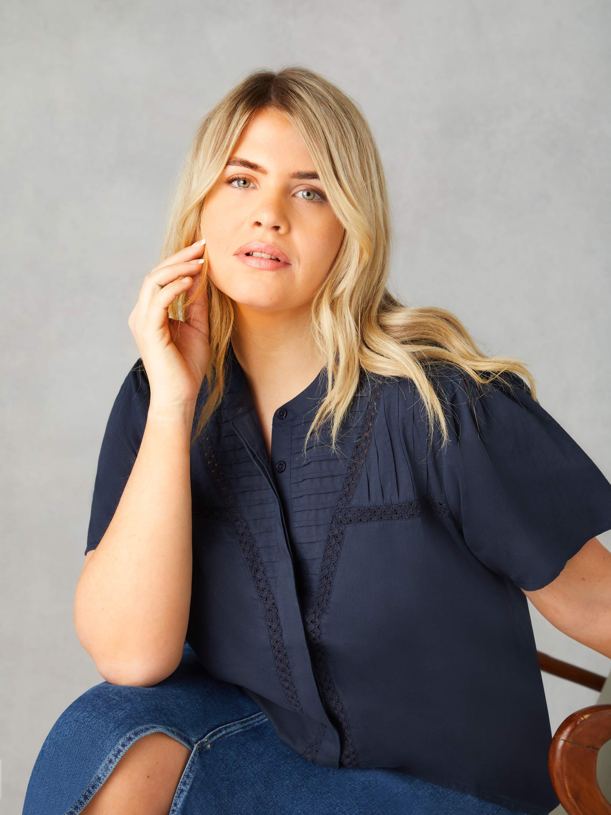Navy Crochet Trim Short Sleeve Blouse