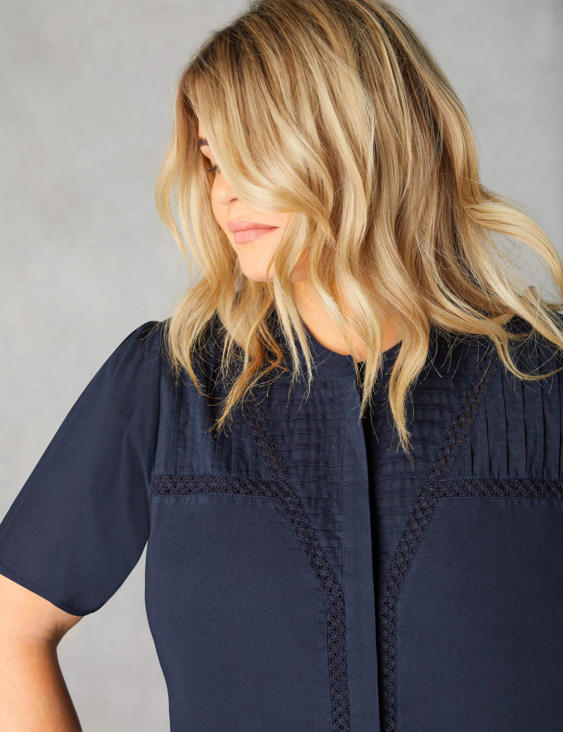 Navy Crochet Trim Short Sleeve Blouse