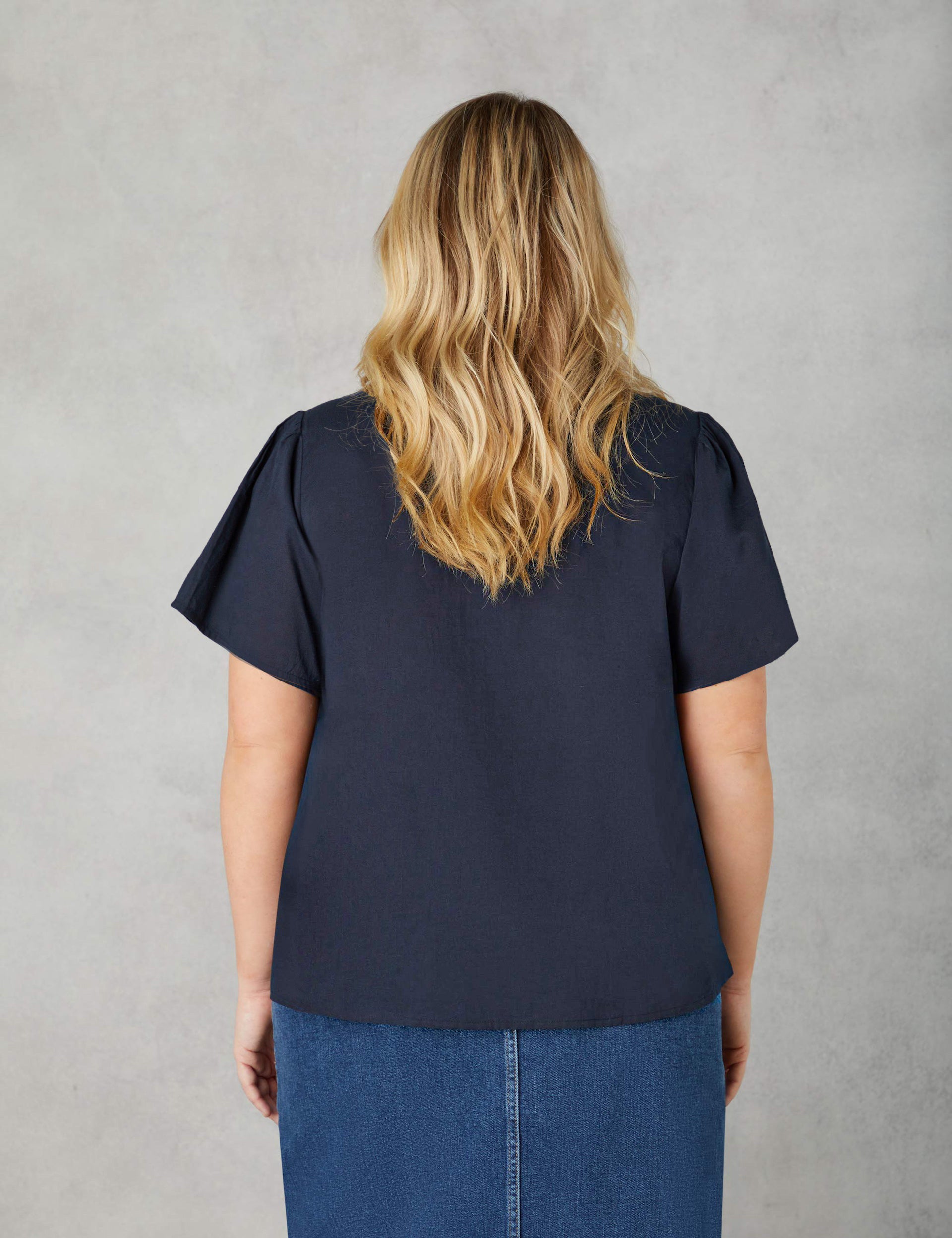 Navy Crochet Trim Short Sleeve Blouse