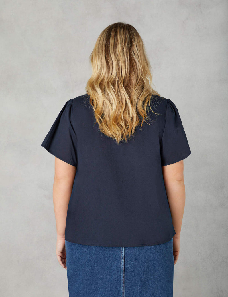 Navy Crochet Trim Short Sleeve Blouse