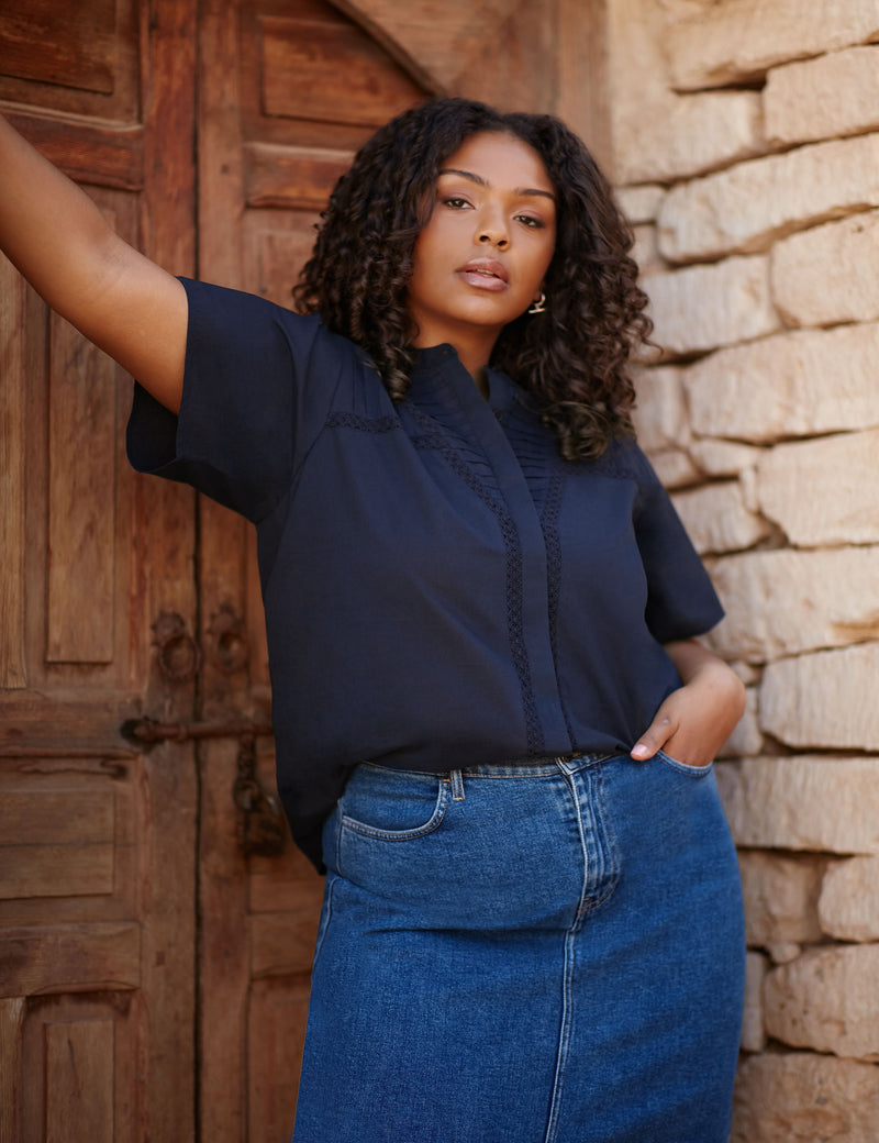 Navy Crochet Trim Short Sleeve Blouse