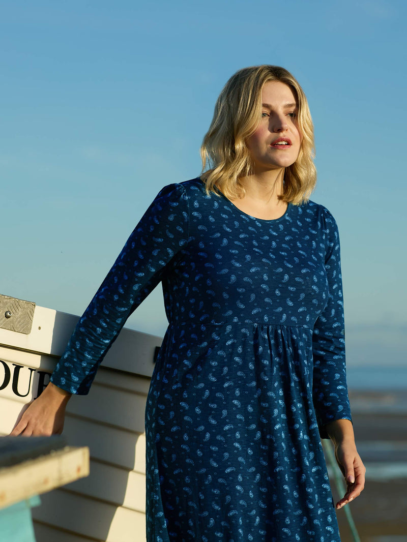 Blue Paisley Cotton Slub Tiered Midi Dress