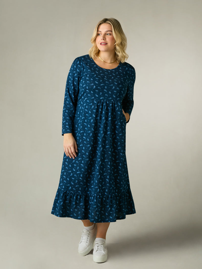Blue Paisley Cotton Slub Tiered Midi Dress