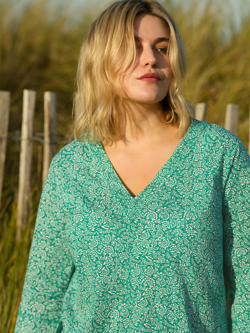 Green Ditsy Leaf Cotton Slub Relaxed Tunic