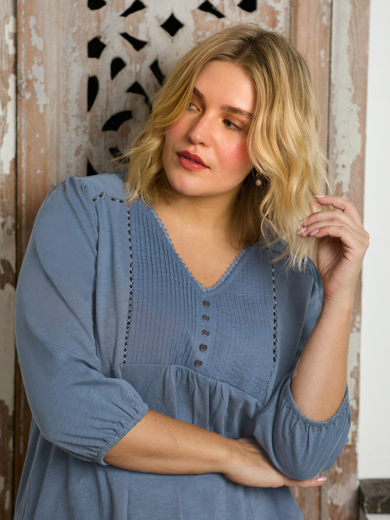 Blue Cotton Slub Pintuck Tunic