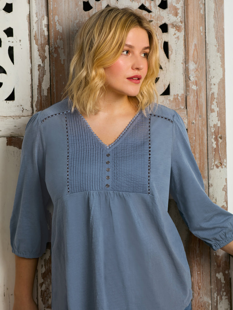 Blue Cotton Slub Pintuck Tunic