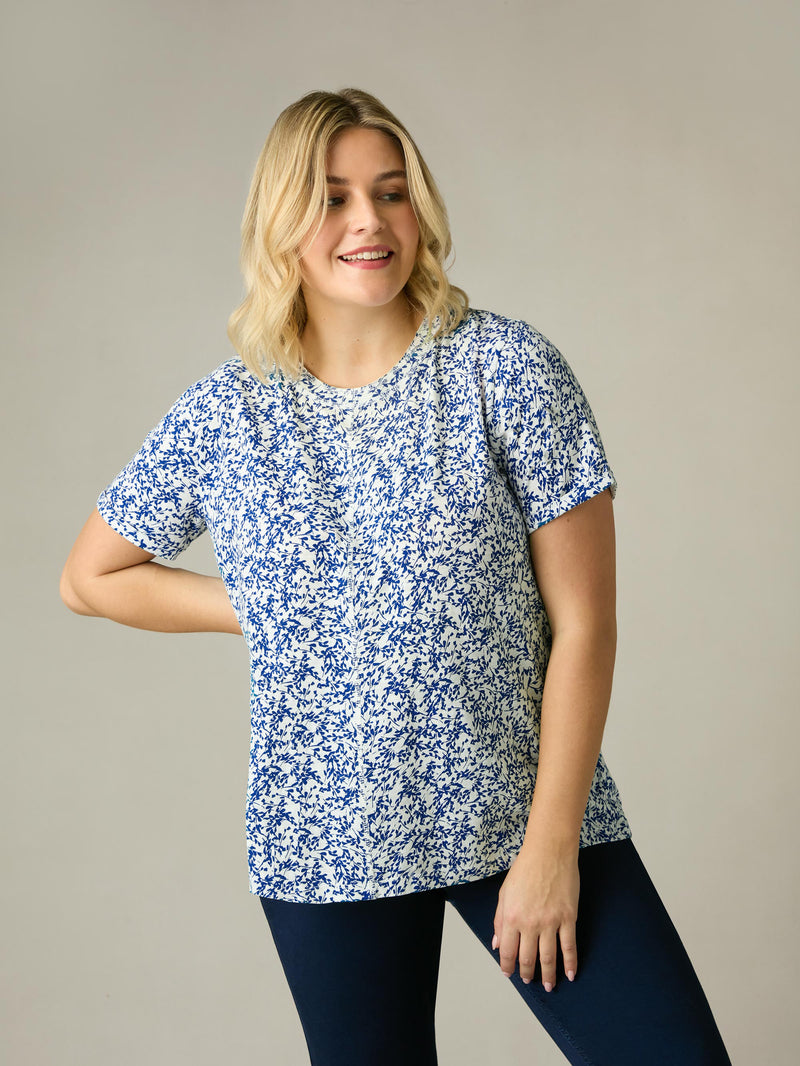 Navy Print Cotton Slub Round Neck T-Shirt