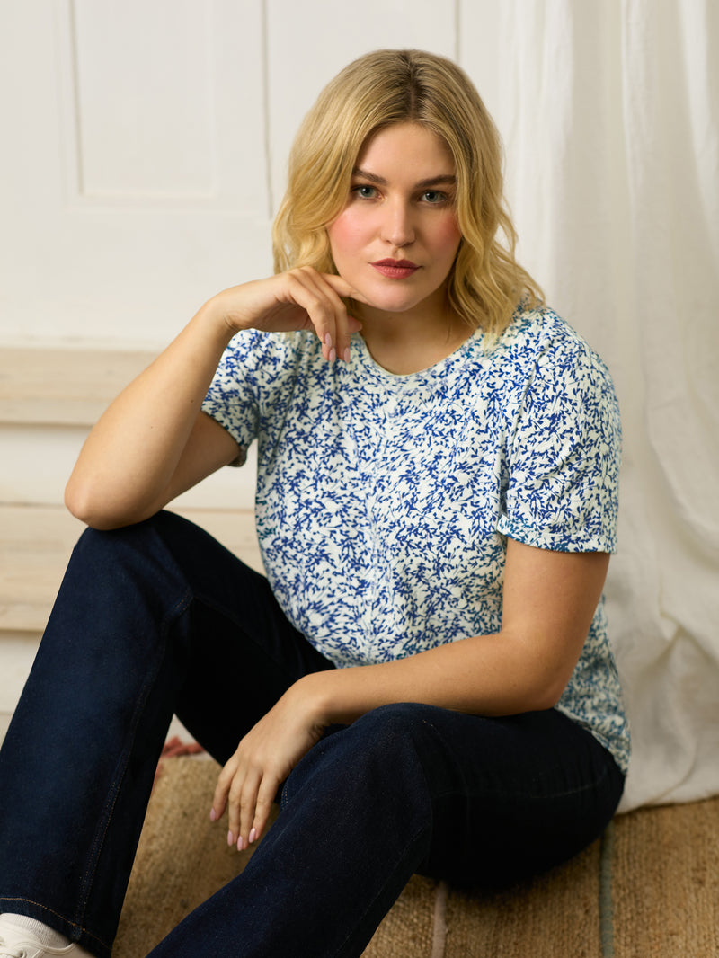 Navy Print Cotton Slub Round Neck T-Shirt