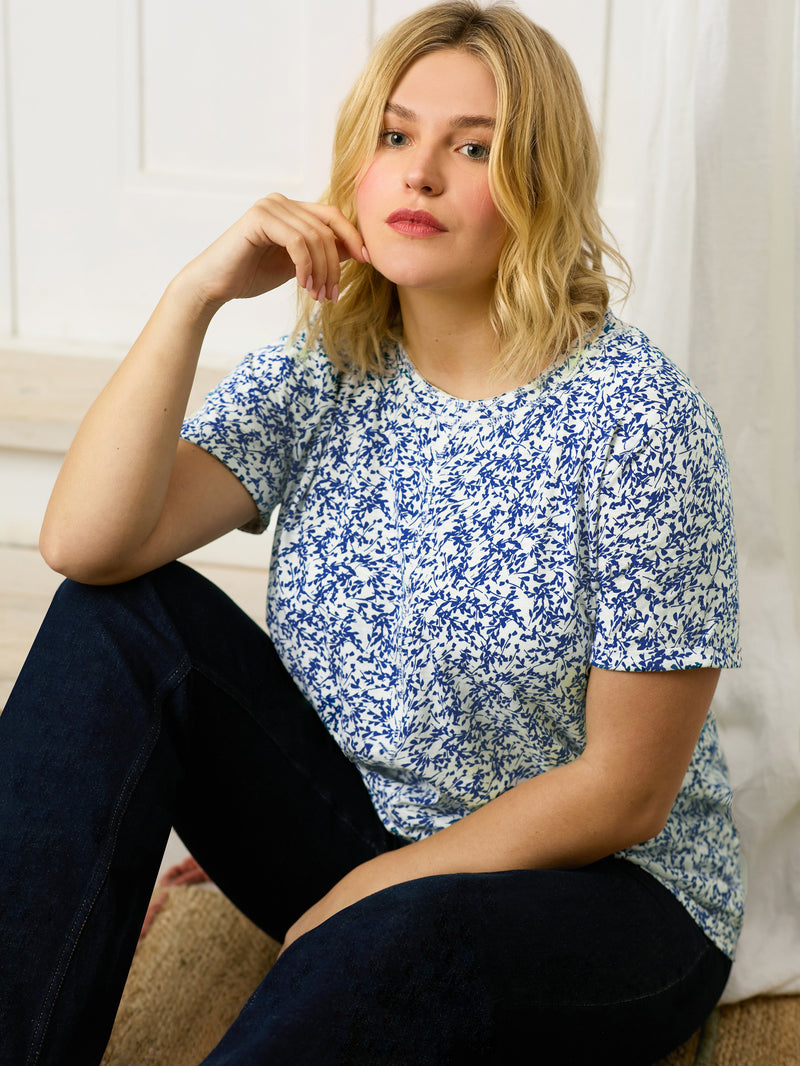 Navy Print Cotton Slub Round Neck T-Shirt
