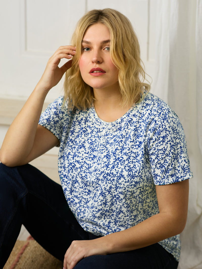 Navy Print Cotton Slub Round Neck T-Shirt