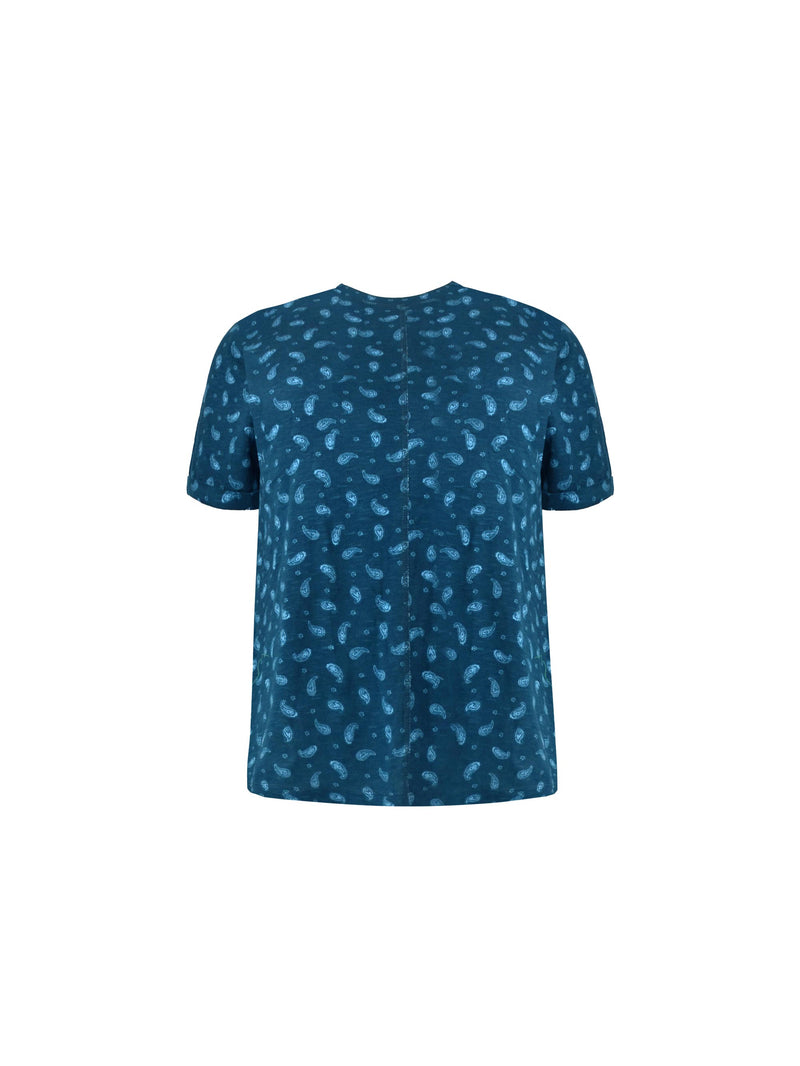Blue Paisley Cotton Slub Round Neck T-Shirt