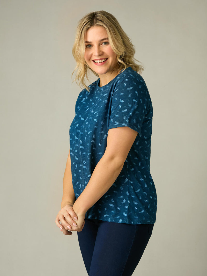 Blue Paisley Cotton Slub Round Neck T-Shirt