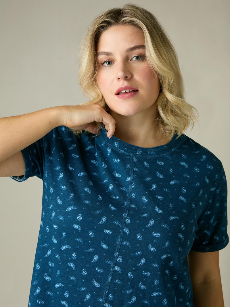Blue Paisley Cotton Slub Round Neck T-Shirt