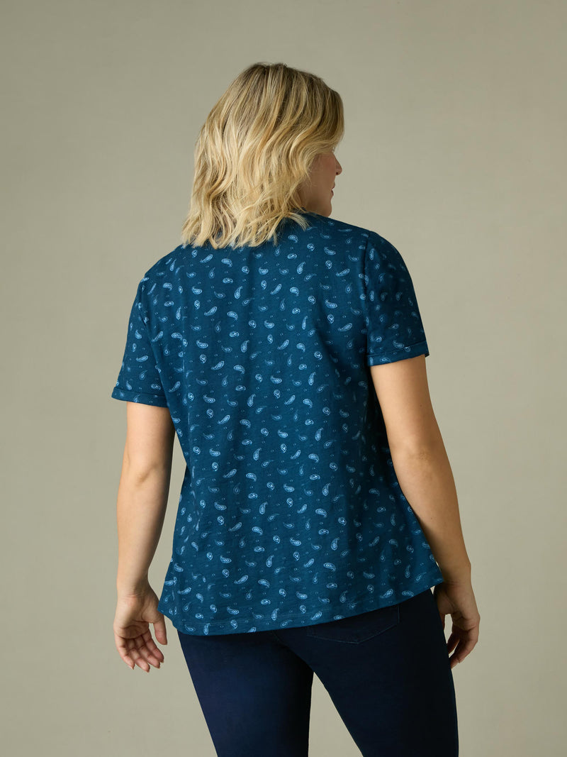 Blue Paisley Cotton Slub Round Neck T-Shirt