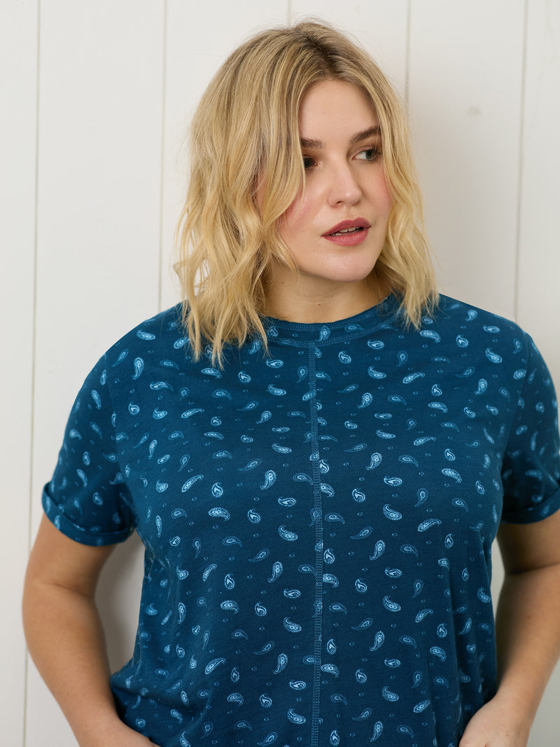 Blue Paisley Cotton Slub Round Neck T-Shirt