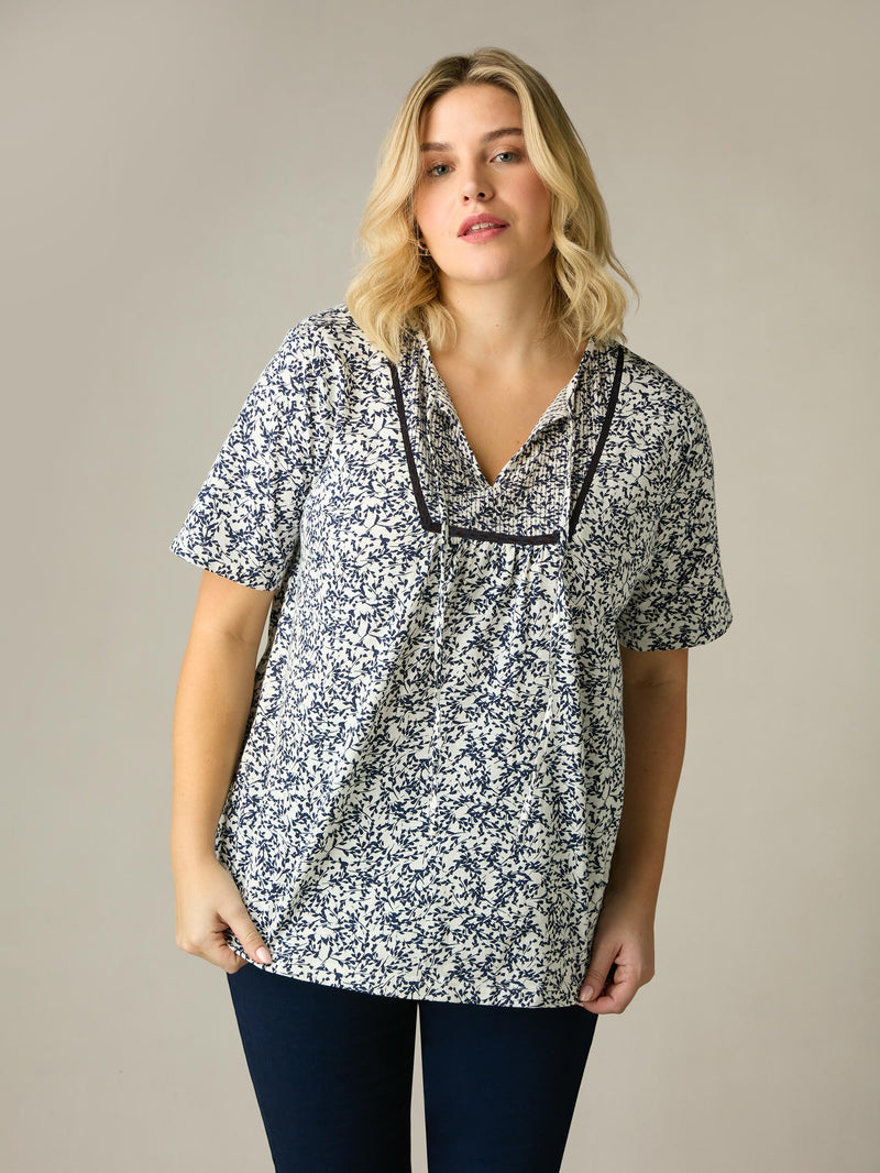 Navy Print Cotton Slub Bib Tunic