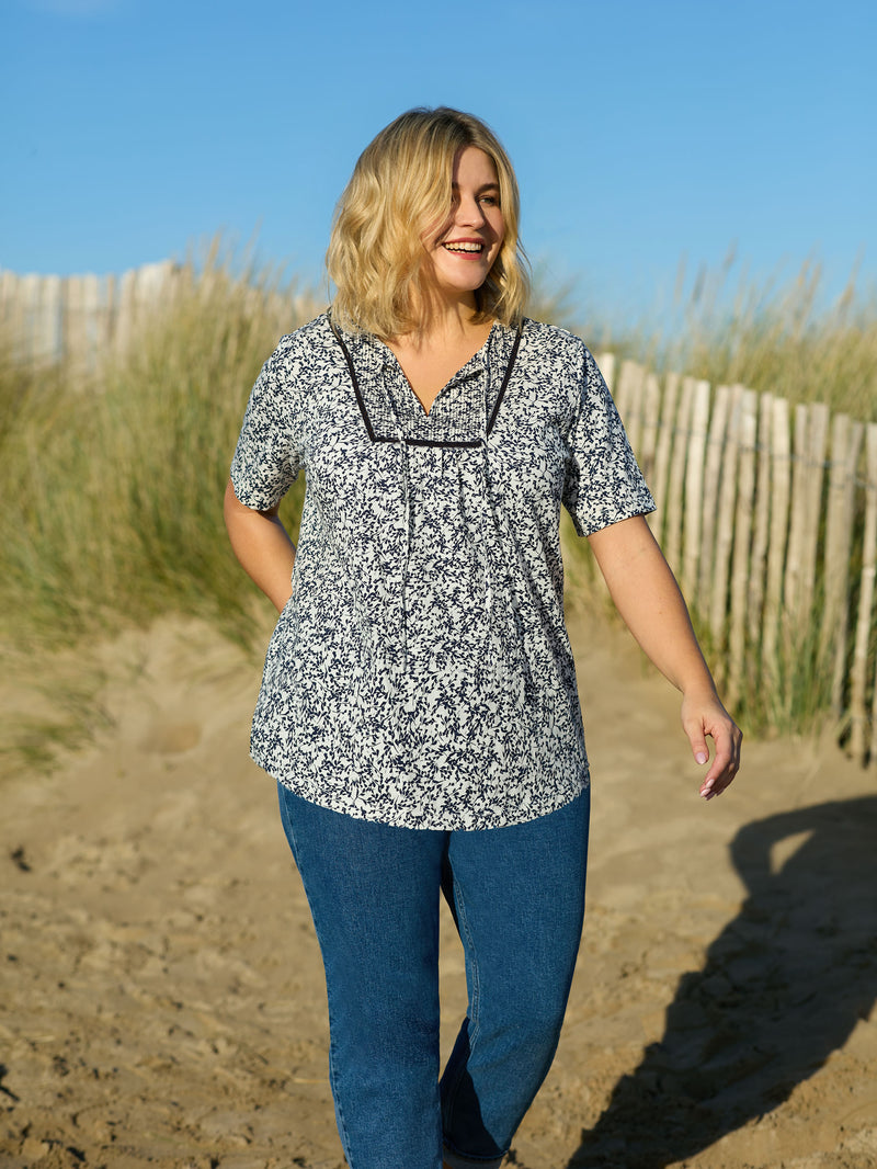 Navy Print Cotton Slub Bib Tunic