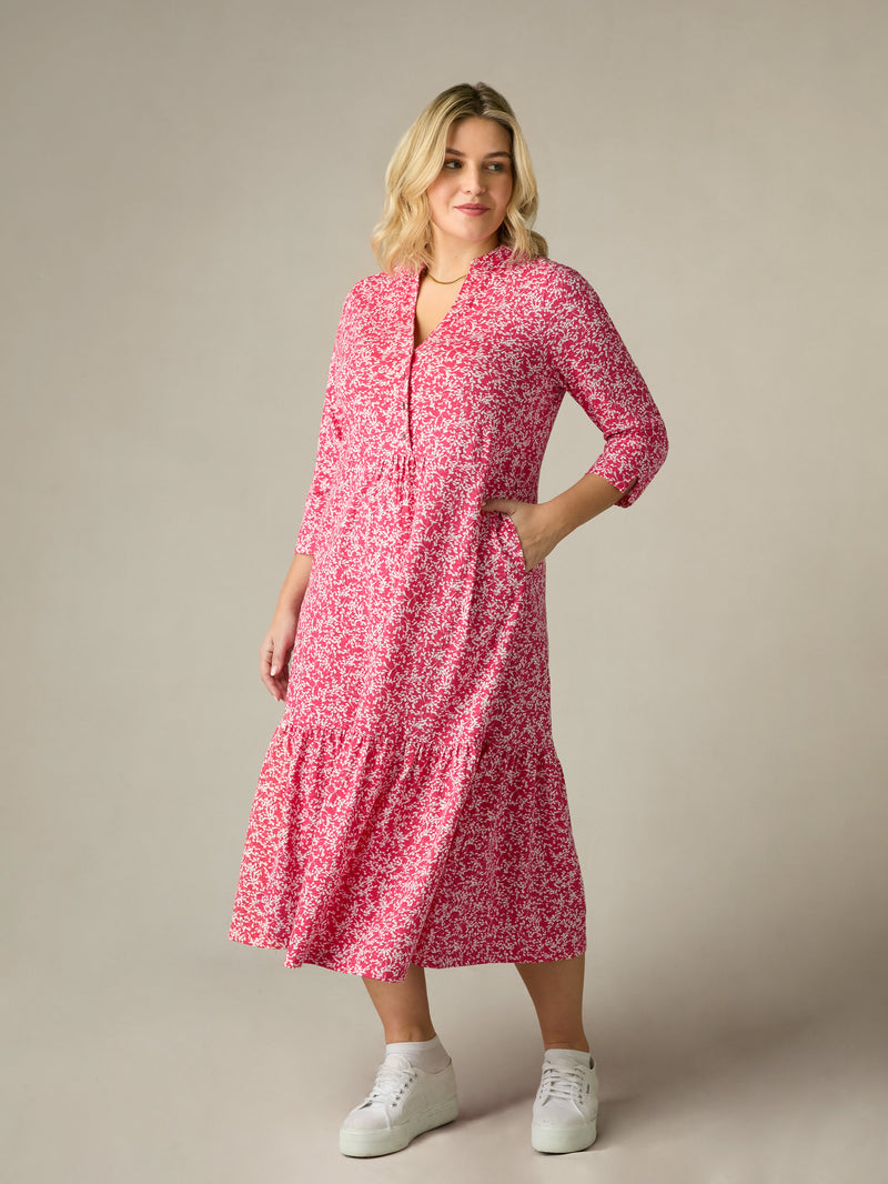 Red Print Cotton Slub Button Front Midi Dress