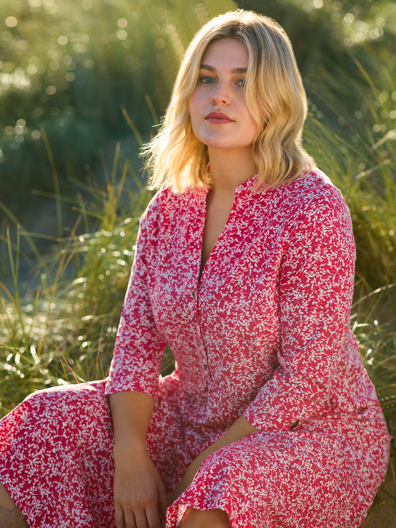 Red Print Cotton Slub Button Front Midi Dress