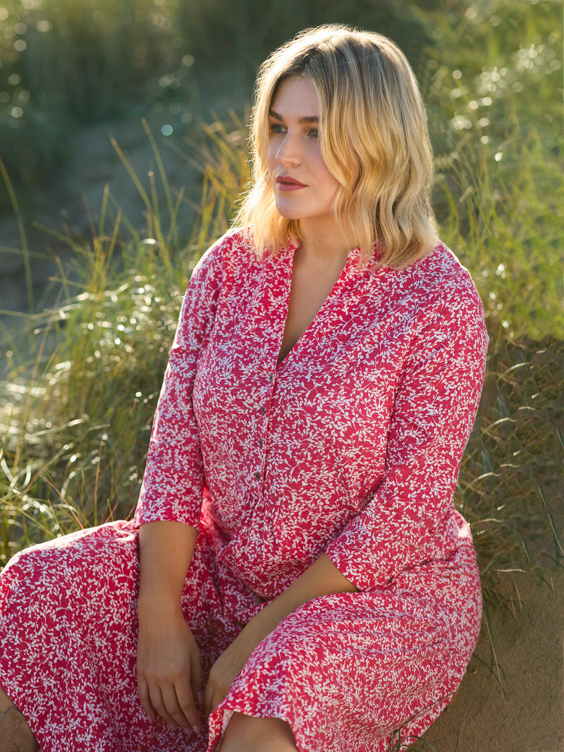 Red Print Cotton Slub Button Front Midi Dress