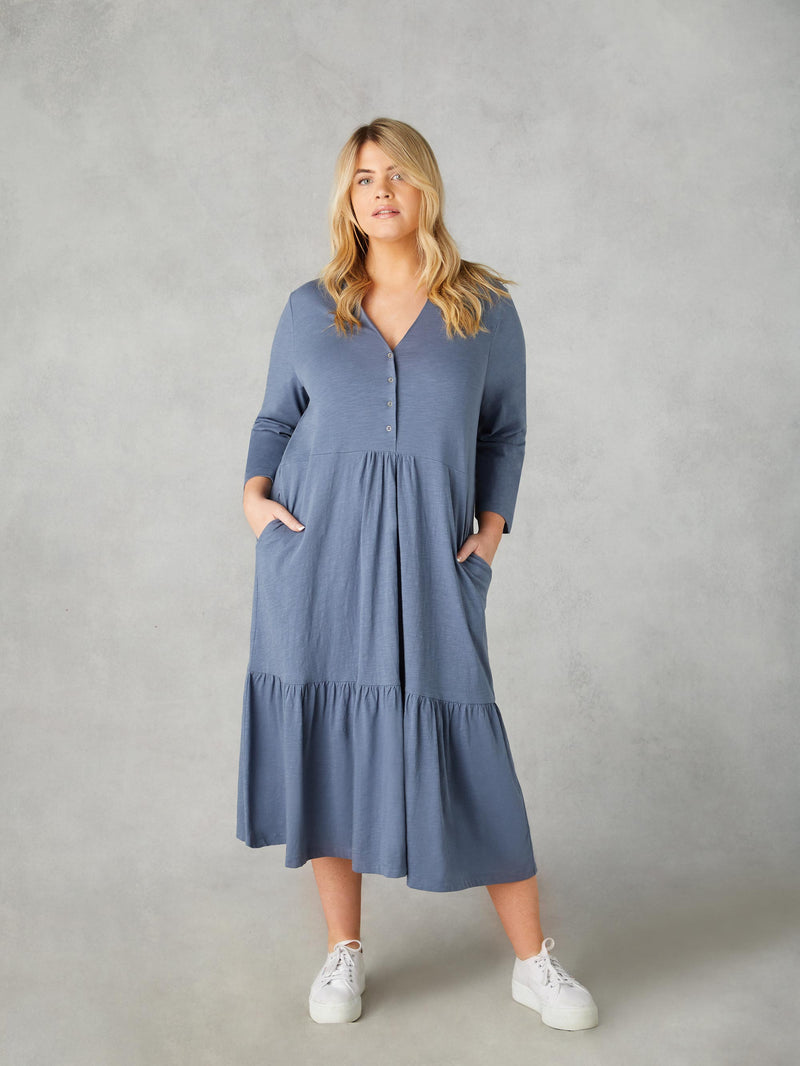 Blue Cotton Slub Button Front Midi Dress