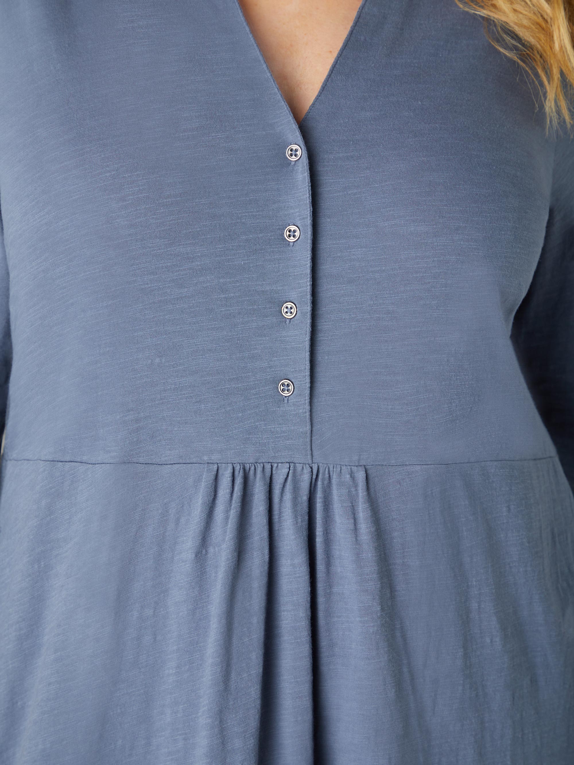 Blue Cotton Slub Button Front Midi Dress