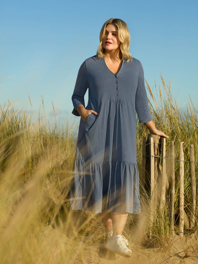 Blue Cotton Slub Button Front Midi Dress