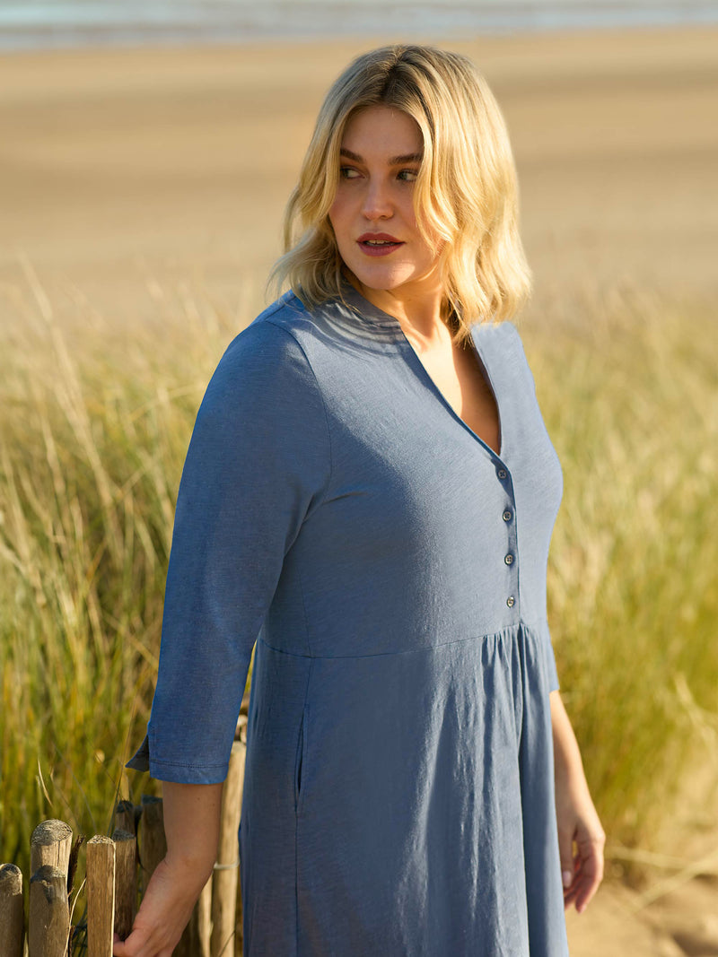 Blue Cotton Slub Button Front Midi Dress