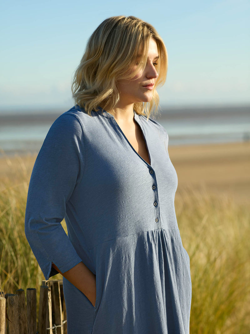 Blue Cotton Slub Button Front Midi Dress