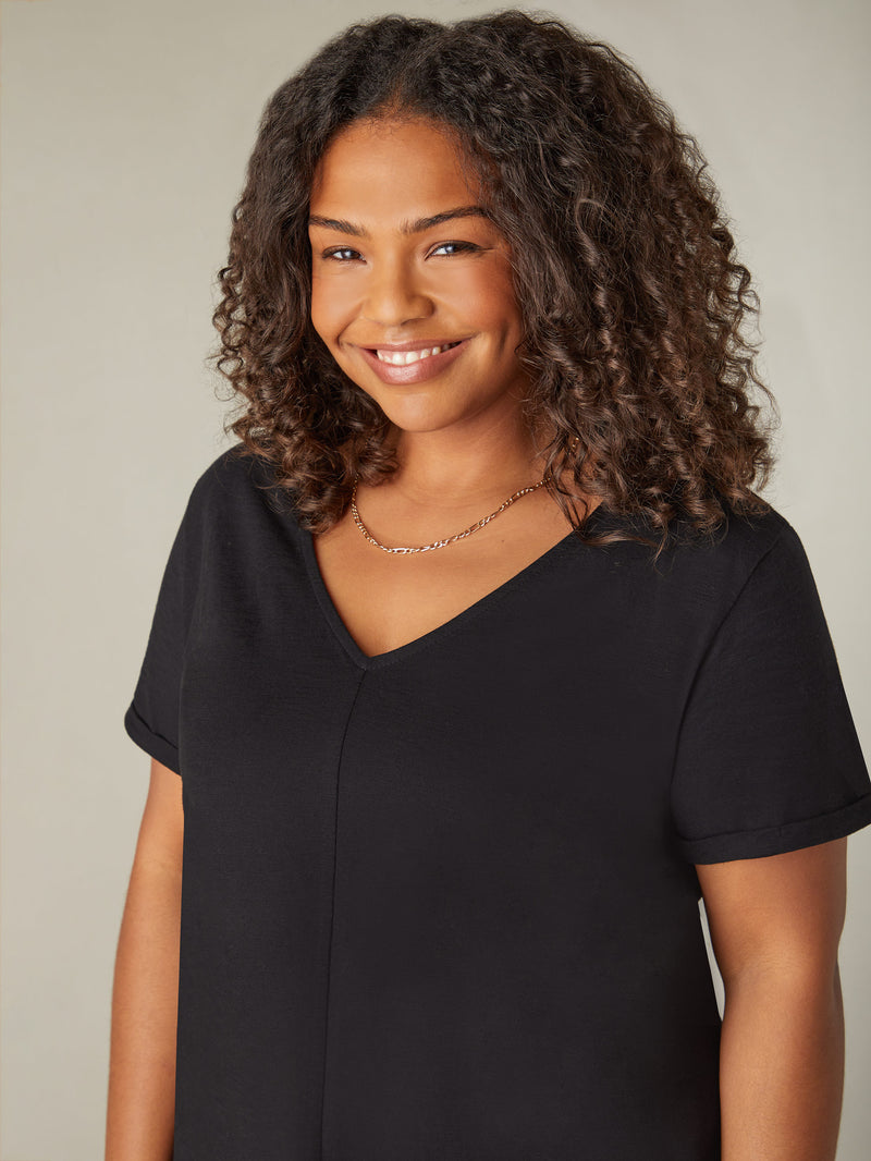 Black Cotton Slub V-Neck Longline T-Shirt