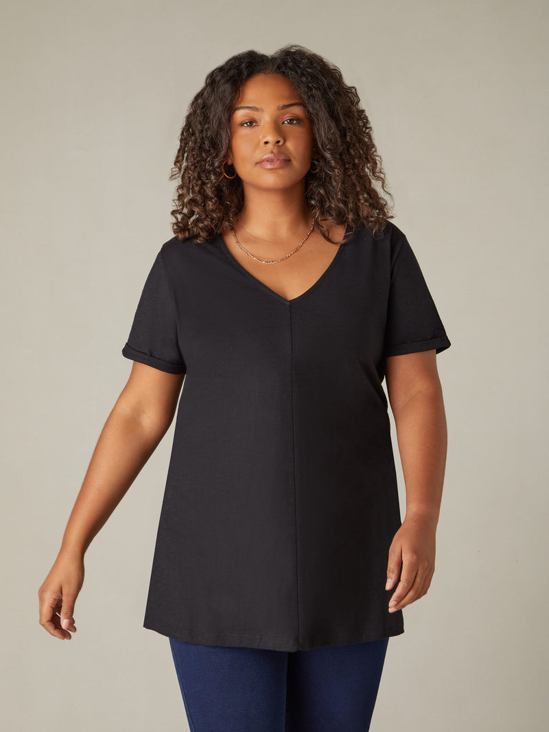 Black Cotton Slub V-Neck Longline T-Shirt