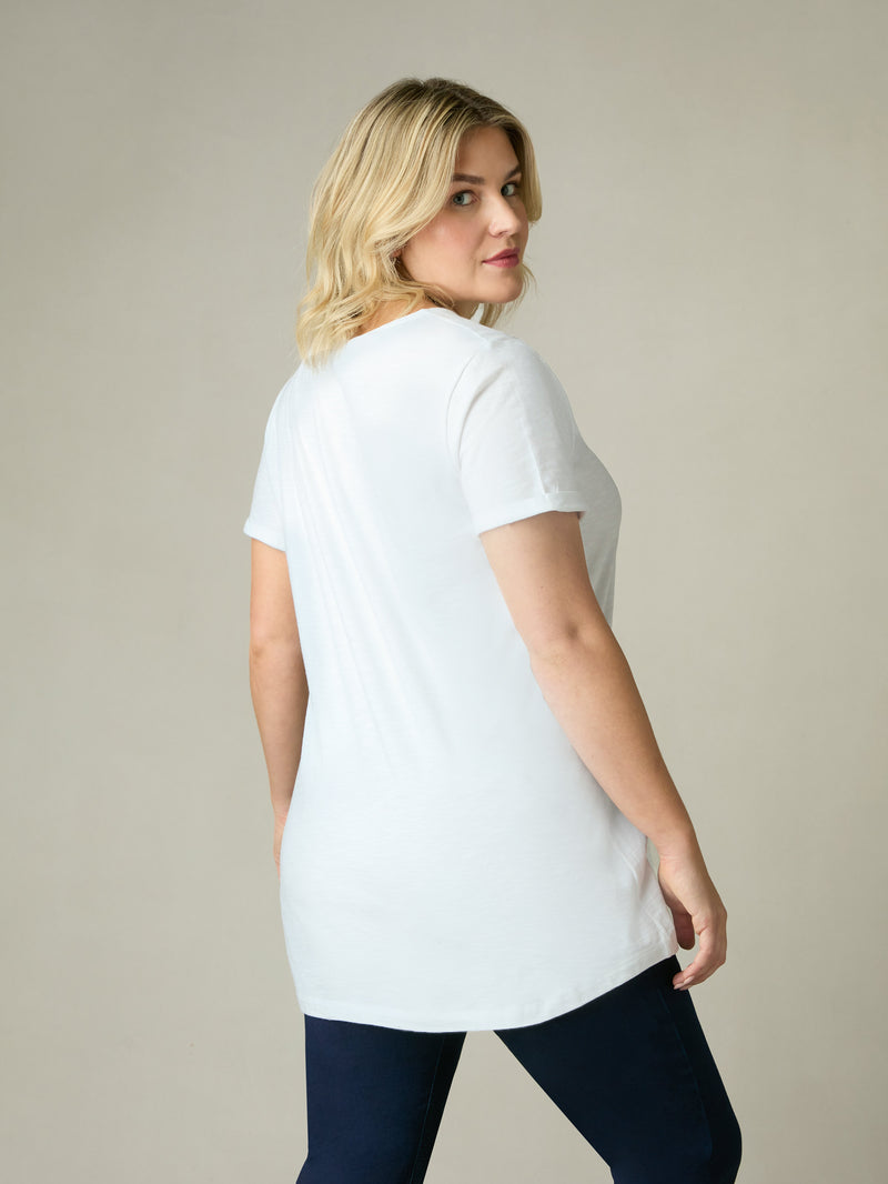 White Cotton Slub V-Neck Longline T-Shirt