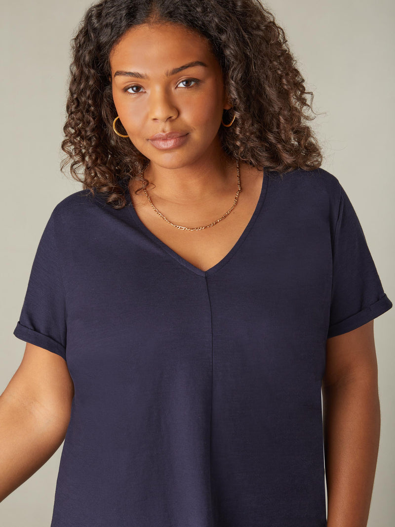 Navy Cotton Slub V-Neck Longline T-Shirt