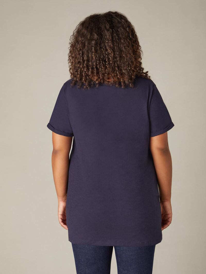 Navy Cotton Slub V-Neck Longline T-Shirt