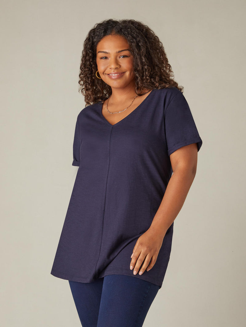 Navy Cotton Slub V-Neck Longline T-Shirt