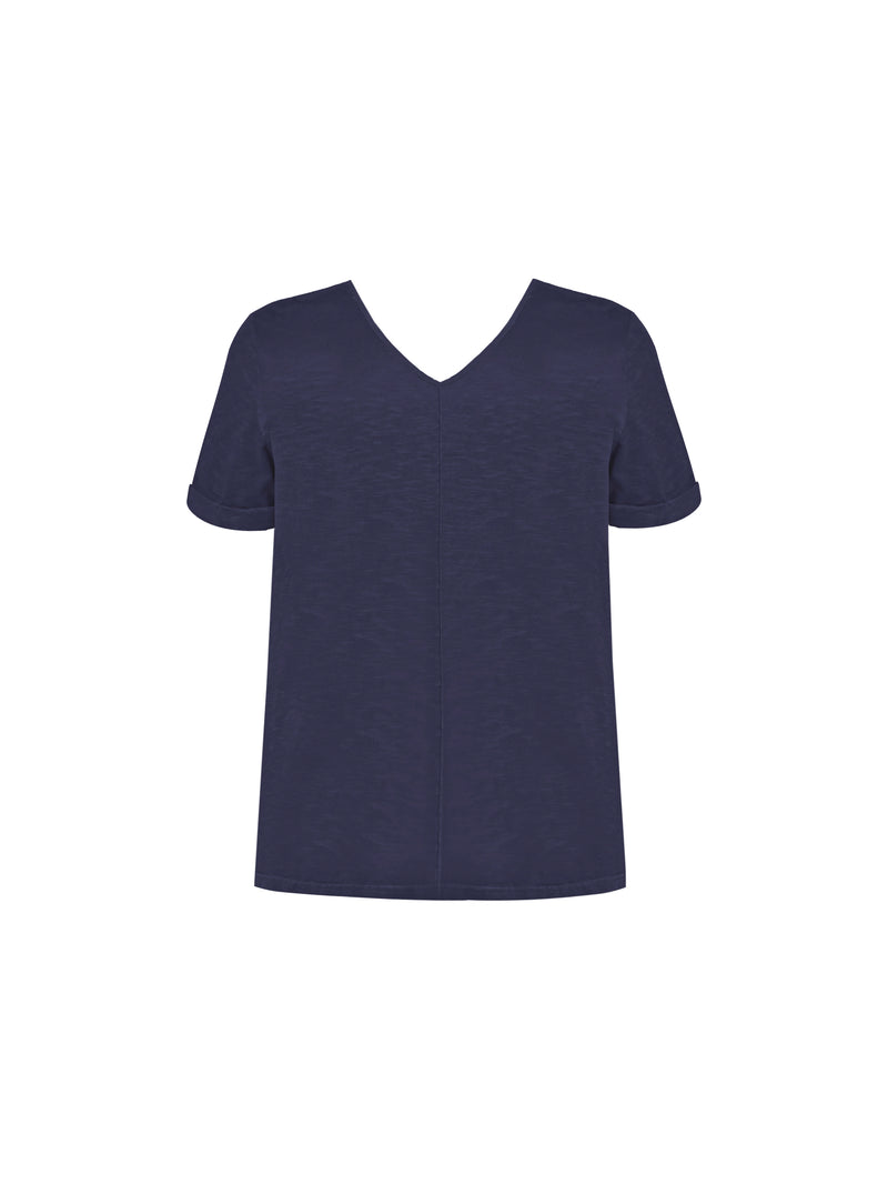 Navy Cotton Slub V-Neck Longline T-Shirt