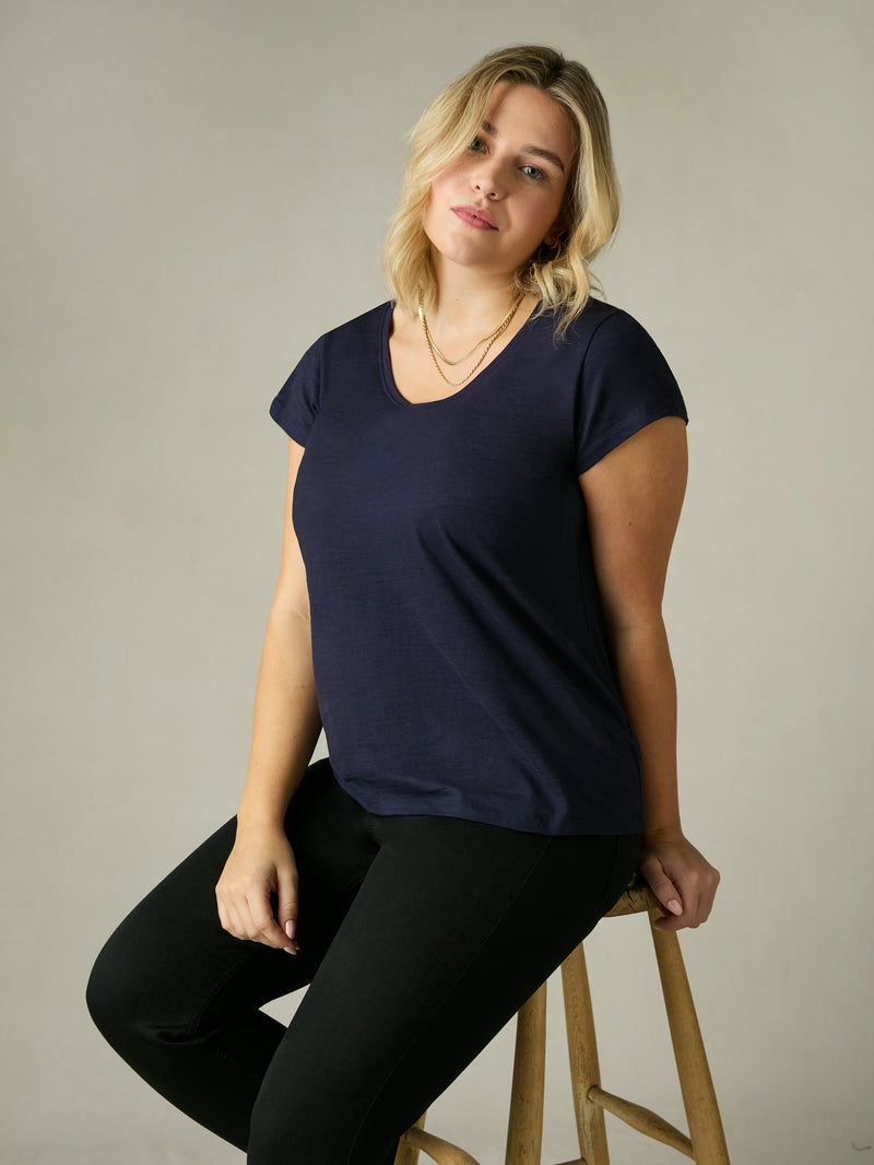 Navy Cotton Slub Scoop Neck T-Shirt
