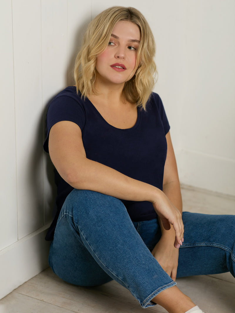 Navy Cotton Slub Scoop Neck T-Shirt