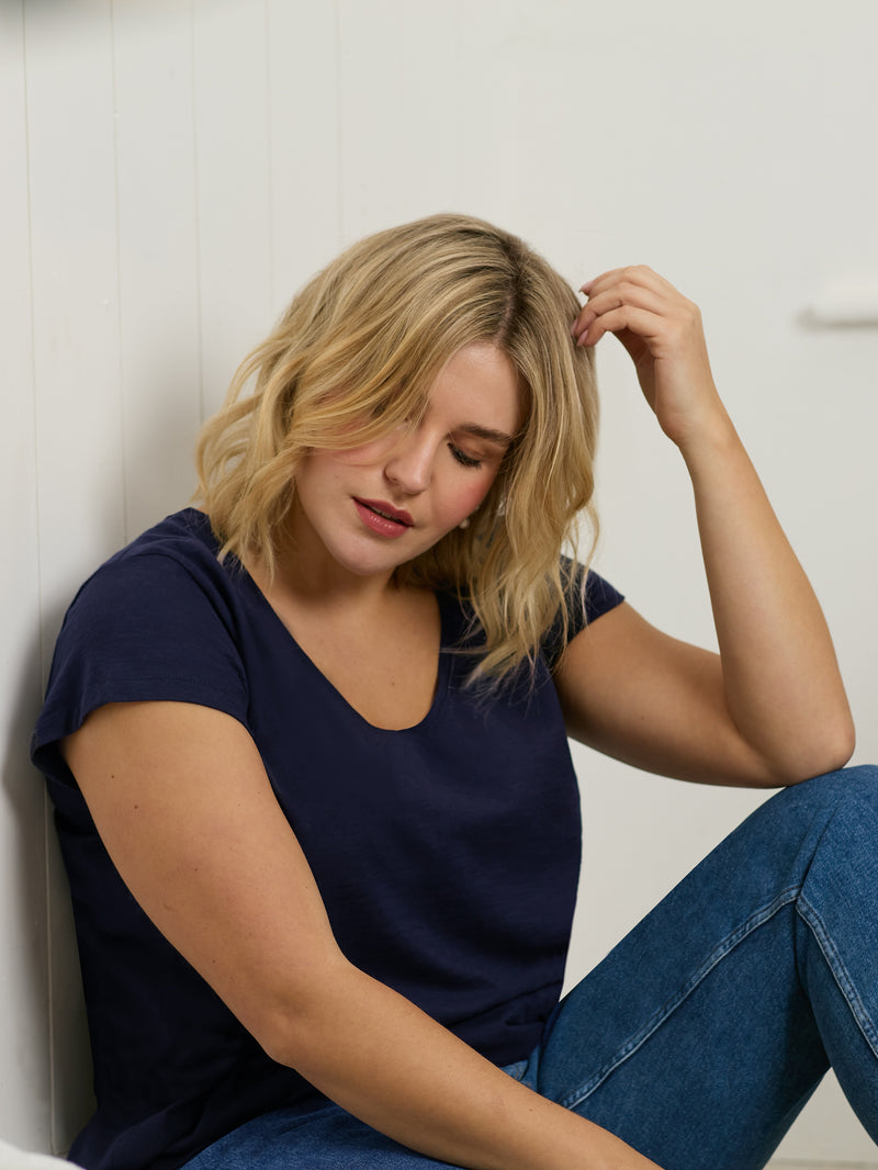 Navy Cotton Slub Scoop Neck T-Shirt