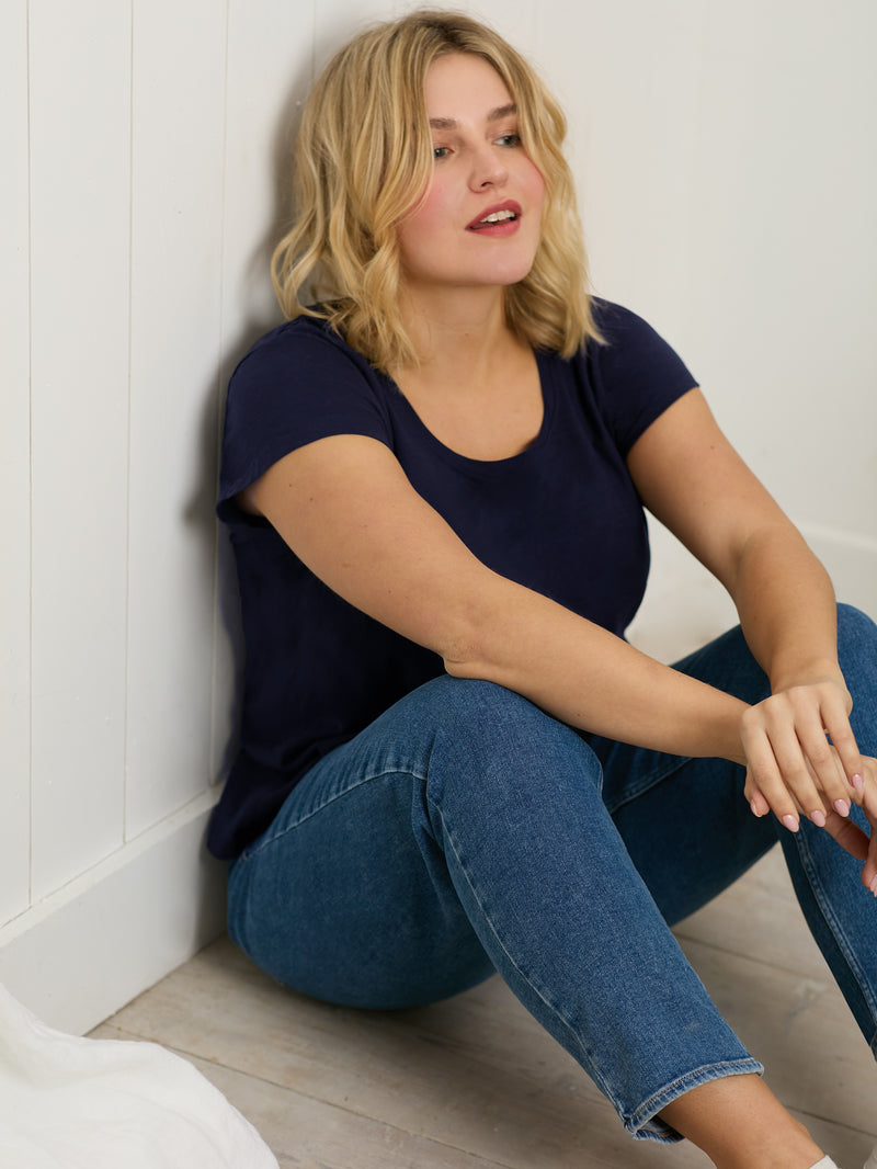 Navy Cotton Slub Scoop Neck T-Shirt