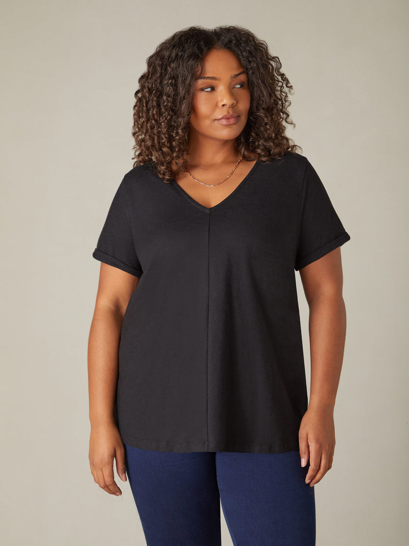 Black Cotton Slub V-Neck T-Shirt