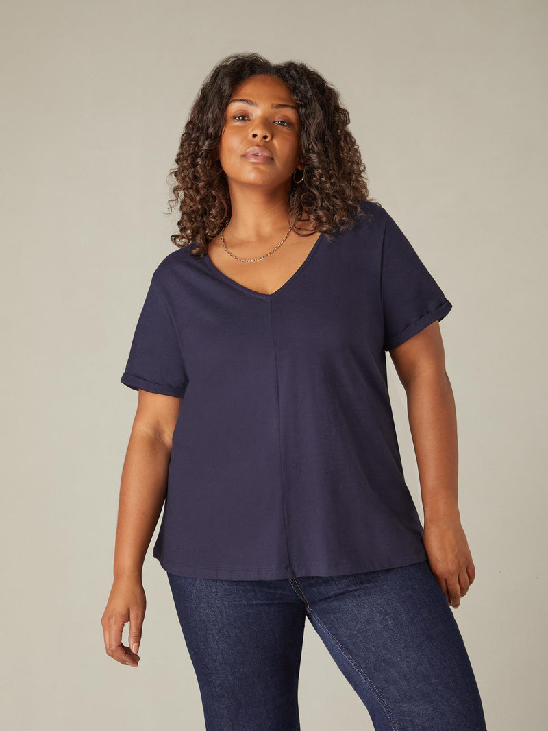 Navy Cotton Slub V-Neck T-Shirt