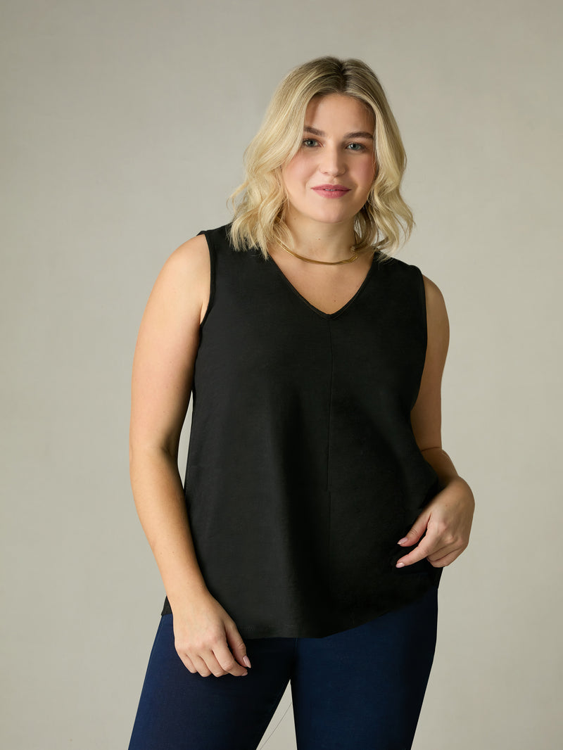 Black Cotton Slub V-Neck Vest